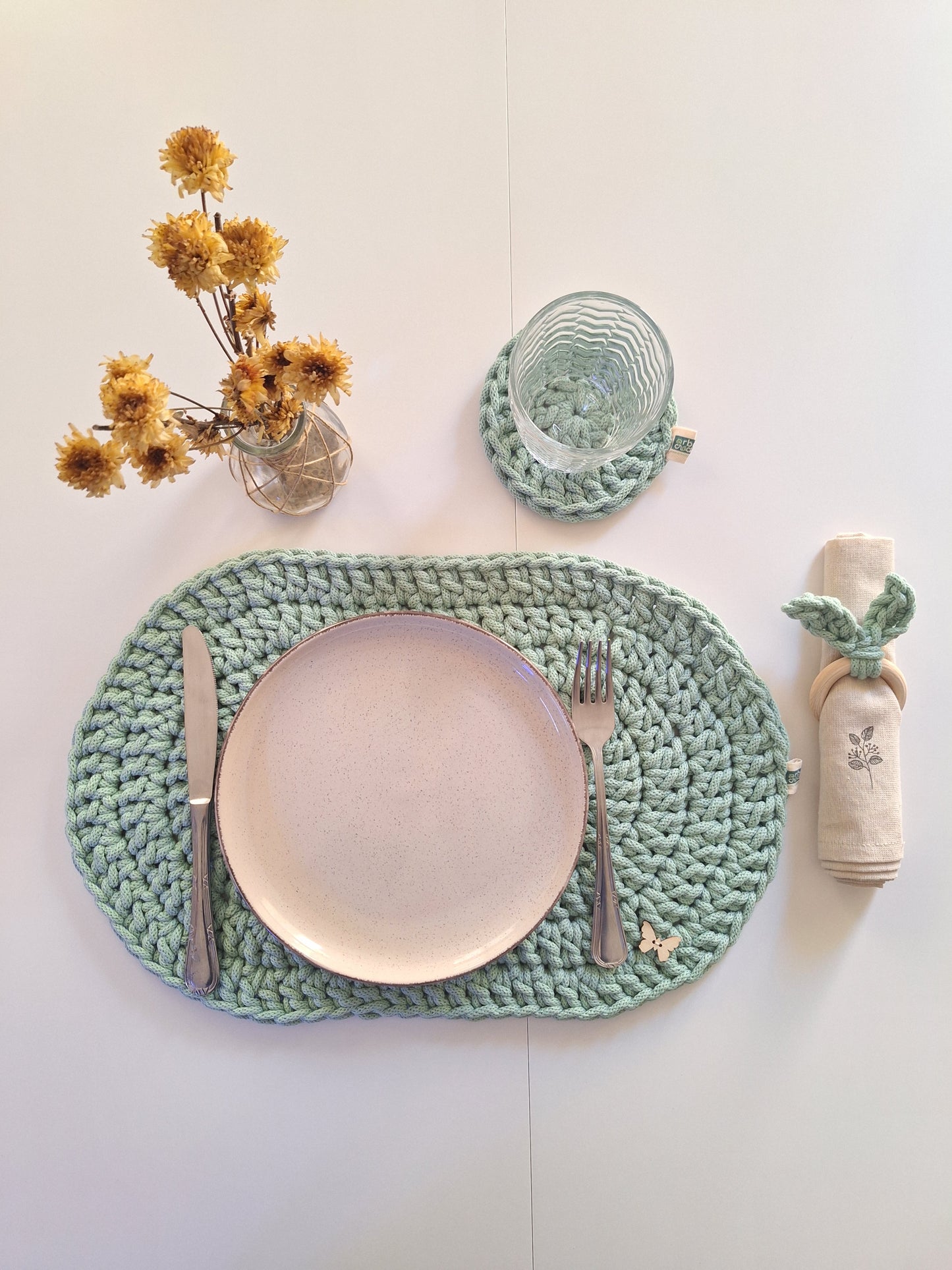 SET ALOE. Mantel individual, posavasos y porta-servilletas.